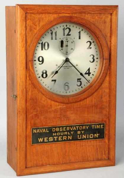 Appraisal: Western Union Clock Circa s Beautiful tiger oak wooden case