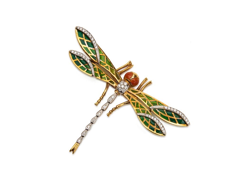 Appraisal: K Gold Enamel and Diamond Dragonfly Brooch K Gold Enamel