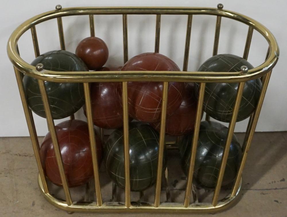 Appraisal: Set of Bocce Balls with Modern Brass Basket