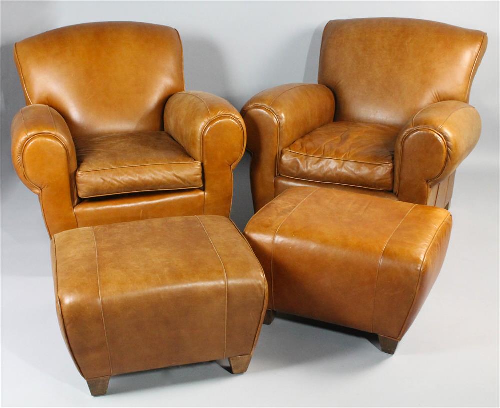 Appraisal: PAIR OF MITCHELL GOLD BROWN LEATHER CLUB CHAIRS WITH MATCHING