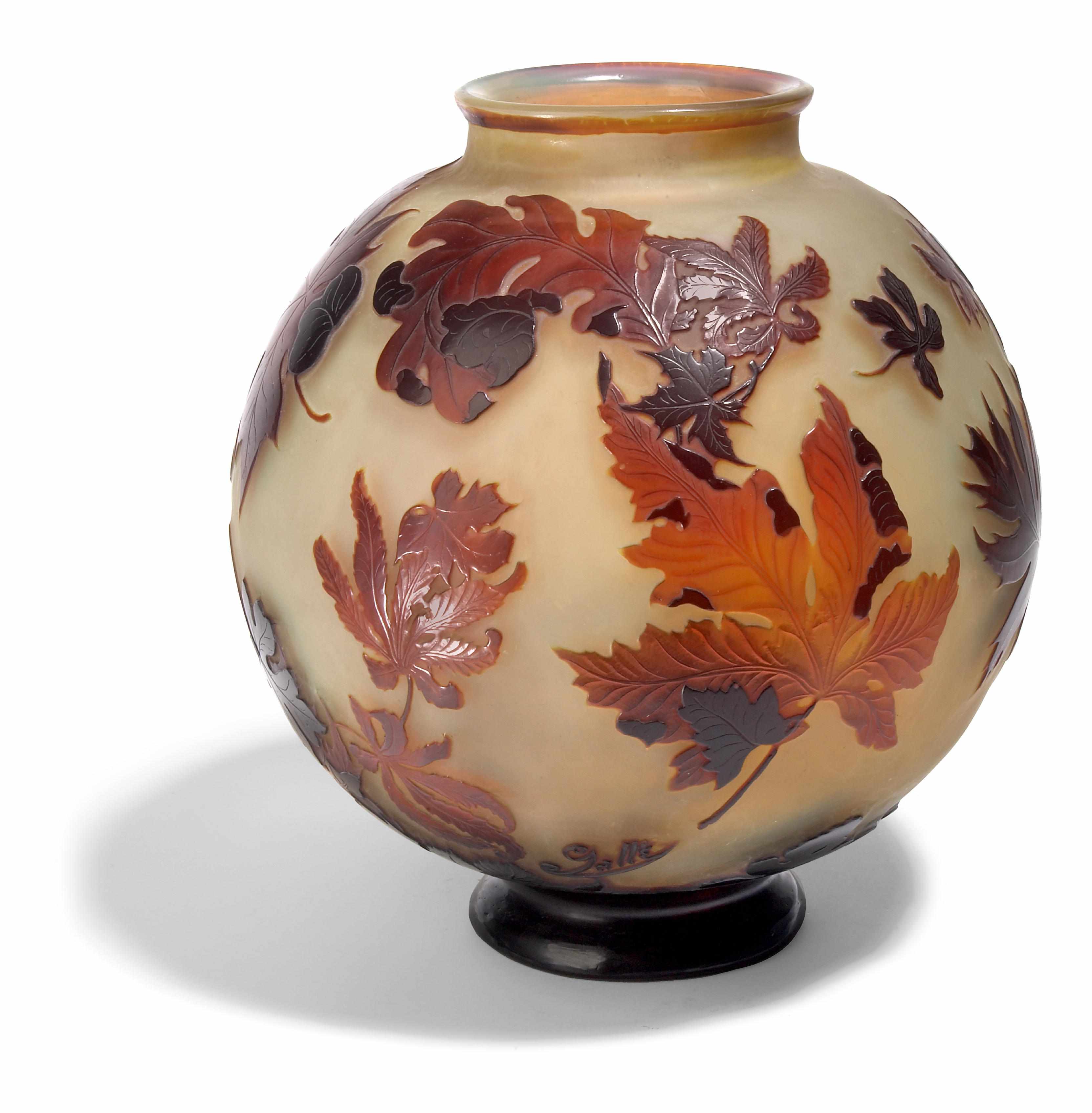 Appraisal: A Gall cameo glass large falling leaves vase early th