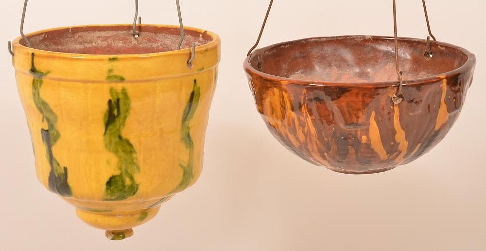 Appraisal: Breininger Pottery Redware Hanging Planters Two Unsigned Breininger Pottery Glazed