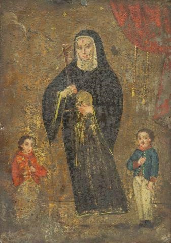 Appraisal: Framed oil on tin retablo Saint Rita of Cascia depicted