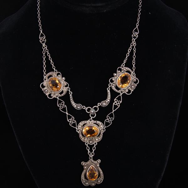 Appraisal: Antique Victorian Edwardian Silver Filigree Festoon Necklace with amber colored