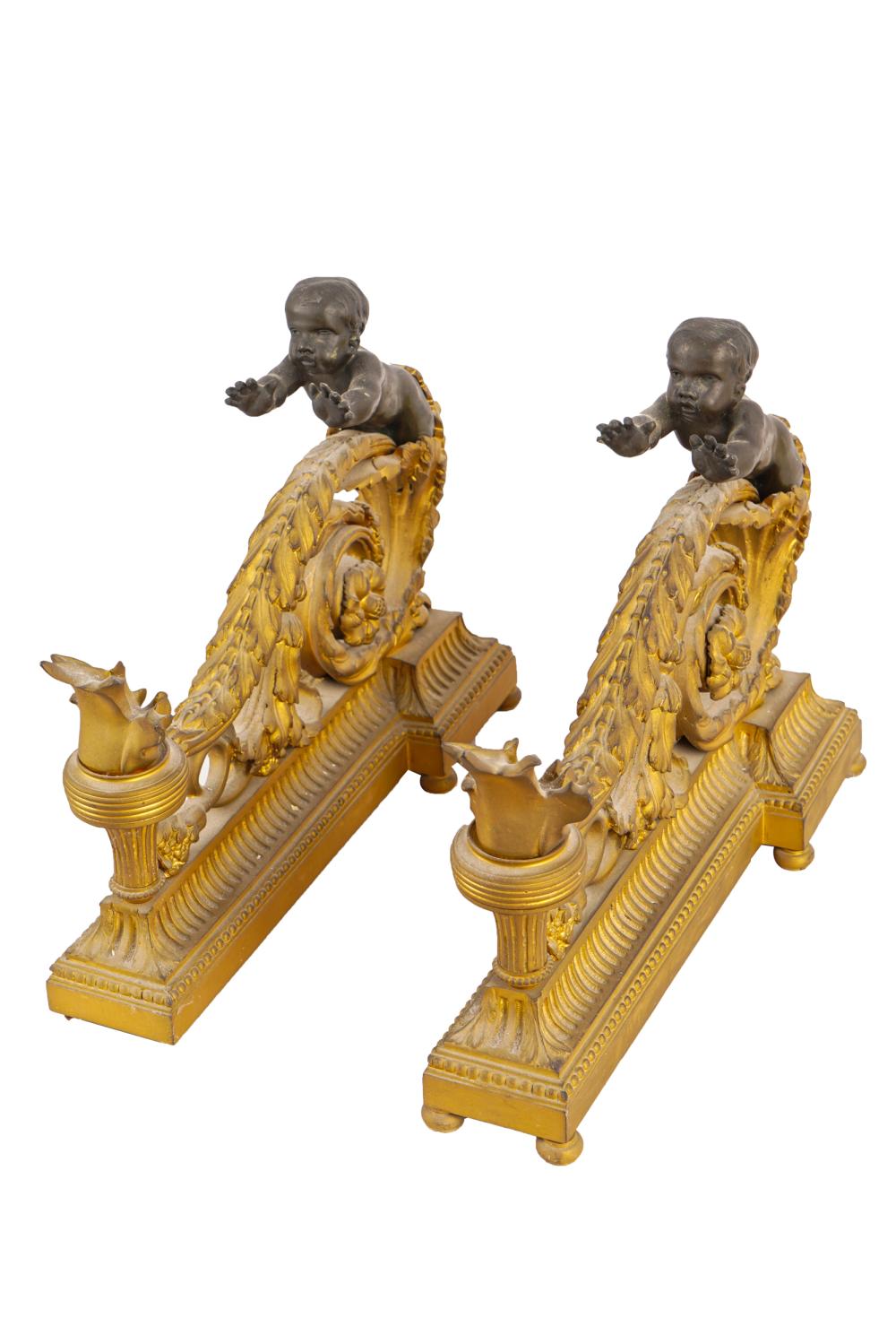 Appraisal: PAIR FRENCH FIGURAL CHENETSpatinated and gilt bronze inches wide inches