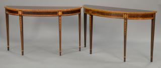 Appraisal: Pair of Council demilune mahogany tables with banded and bell