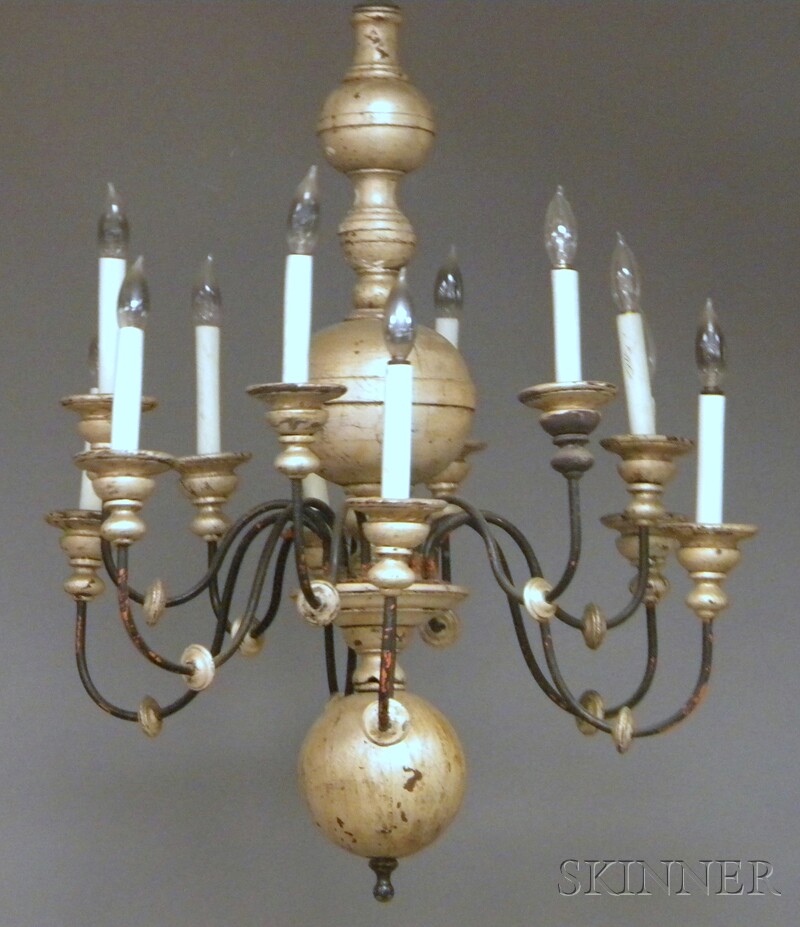 Appraisal: Silver-painted Turned Wood and Iron Twelve-light Chandelier electrified approx lg