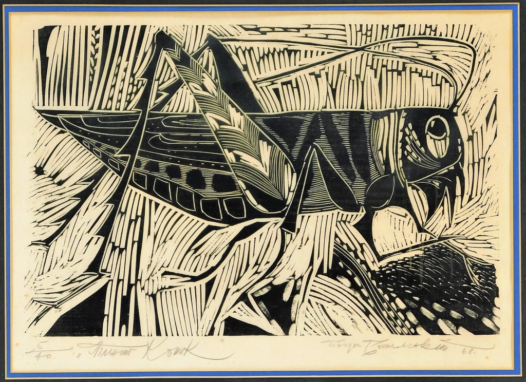 Appraisal: MODERNIST GRASSHOPPER WOODBLOCK PRINT United States Close up modern folk