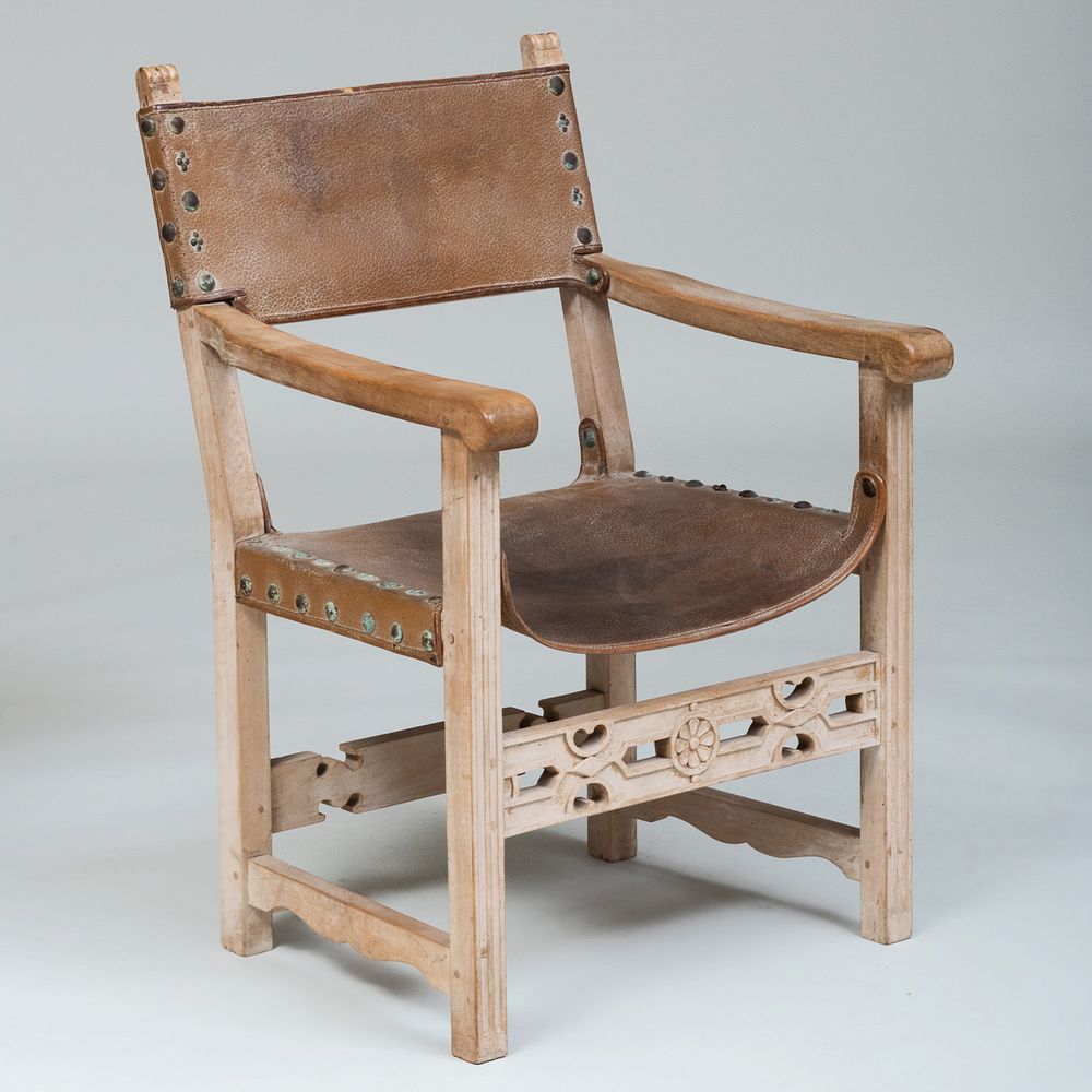 Appraisal: English Arts and Crafts Leather and Bleached Walnut Armchair x