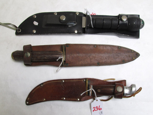 Appraisal: THREE FIXED BLADE KNIVES Western USA W with blade brass