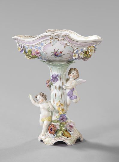 Appraisal: Potschappel Porcelain Figural Centerpiece Bowl fourth quarter th century reticulated