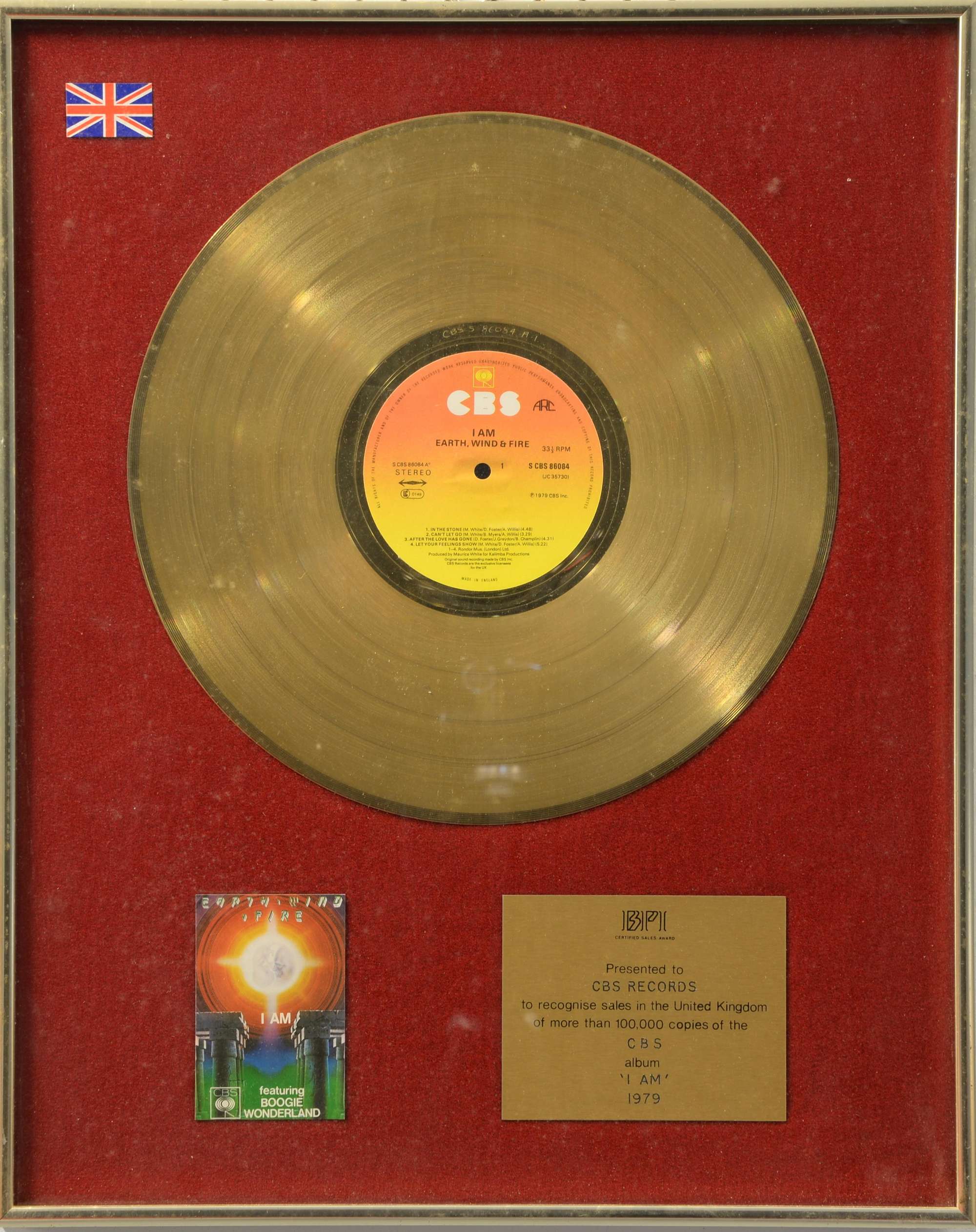 Appraisal: Earth Wind and Fire BPI gold disc presented to CBS