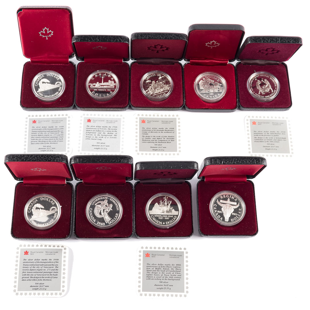 Appraisal: World Canada Proof Dollars Nine Canada commemorative silver proof dollars