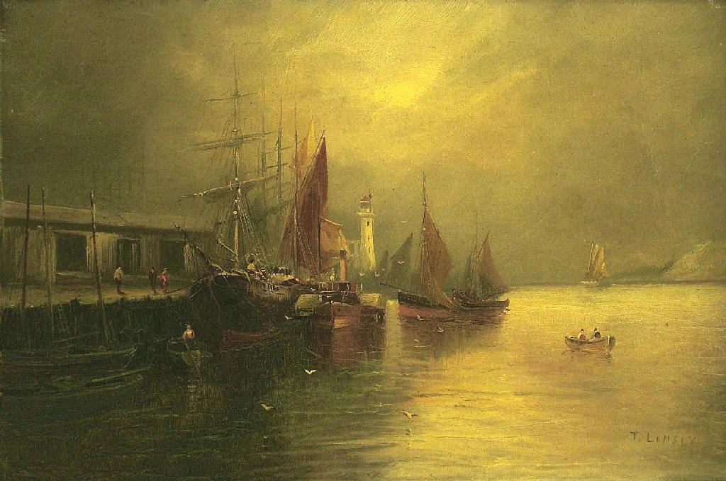 Appraisal: By T Linsly th century British - fishing vessels docked