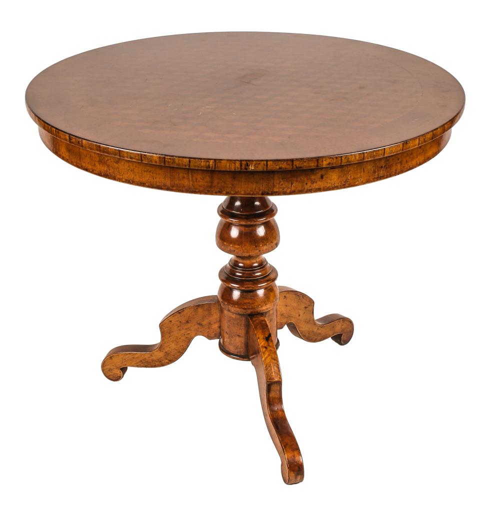 Appraisal: ROUND WALNUT TILT-TOP TABLElate th century with parquetry top Condition