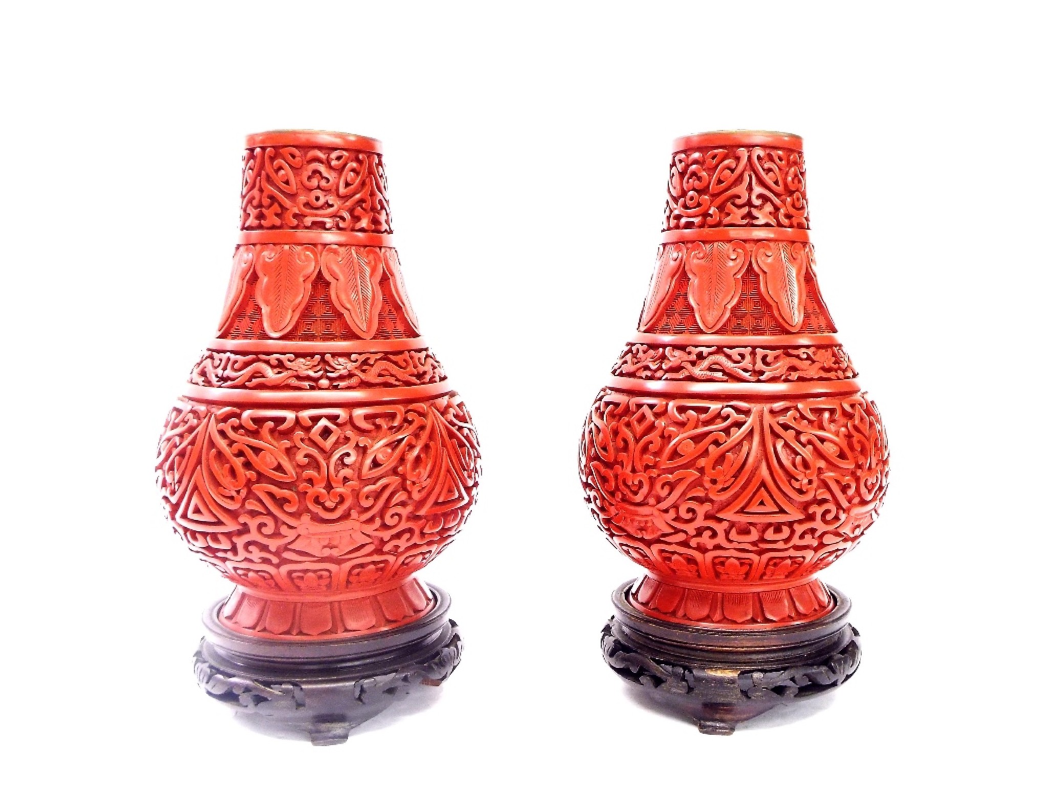 Appraisal: Pair of Chinese cinnabar lacquer baluster vases with blue enamel