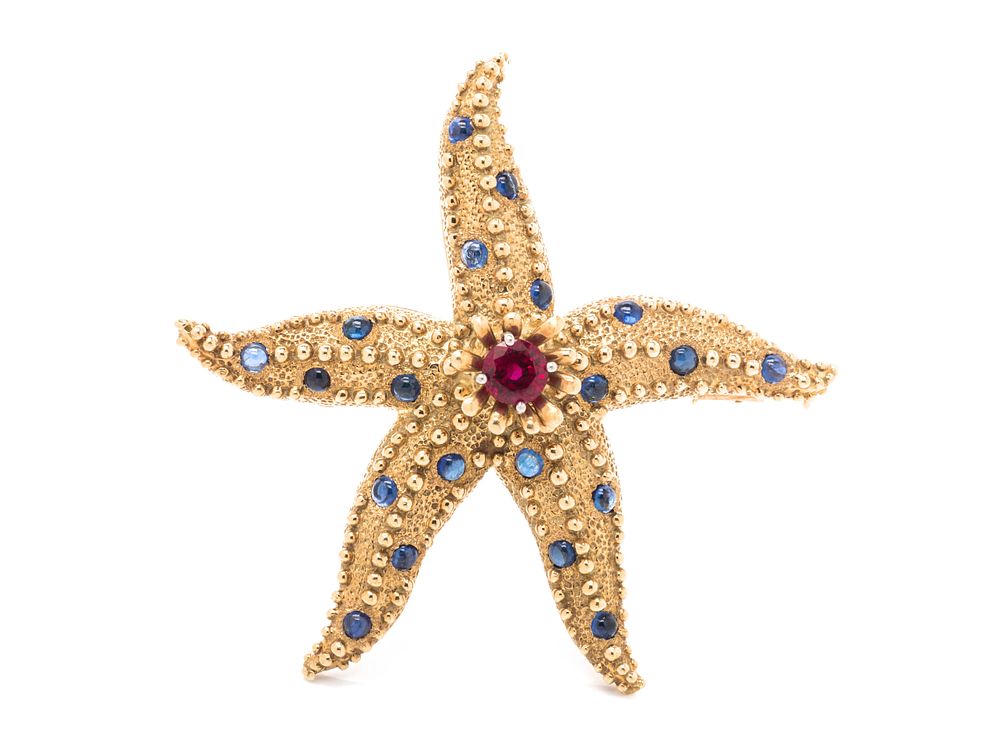 Appraisal: TIFFANY CO SCHLUMBERGER YELLOW GOLD RUBY AND SAPPHIRE STARFISH BROOCH