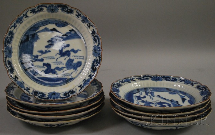 Appraisal: Set of Nine Asian Export Blue and White Scenic Decorated