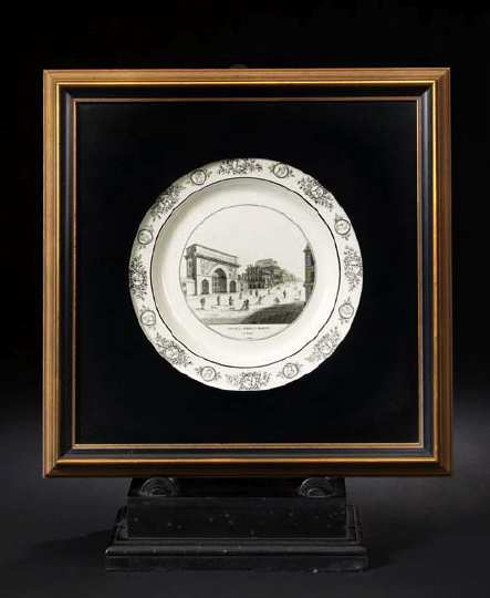 Appraisal: Shadowboxed Criel Black-and-White Transfer-Printed Creamware Plate featuring Saint-Martin a Paris