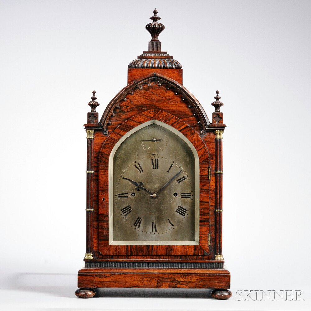 Appraisal: Gothic Rosewood Library Clock probably London c the carved lancet