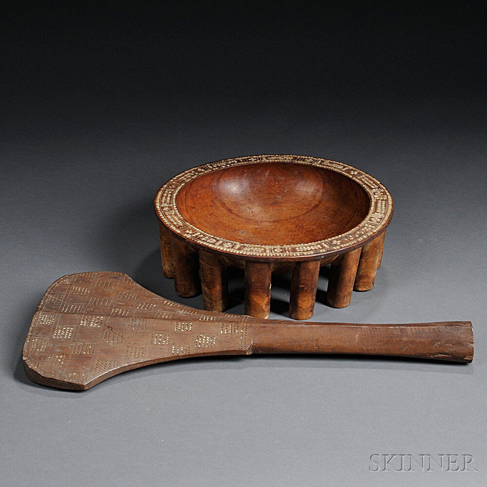 Appraisal: Two Tongan Carved Wood Items a Kava bowl with inlaid