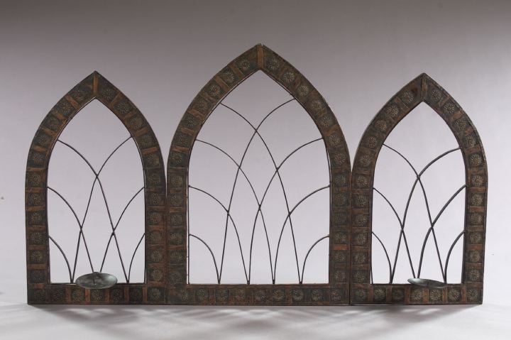 Appraisal: Interesting Gothic-Inspired Embossed Copper Tri-Fold Firescreen the tall central arch