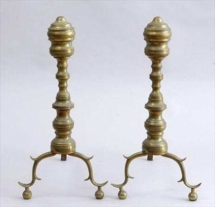 Appraisal: PAIR OF LATE FEDERAL BRASS ANDIRONS Each segmented ringed stem