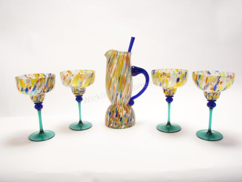 Appraisal: Murano Art Glass Cocktail Set multi colored pitcher with cobalt