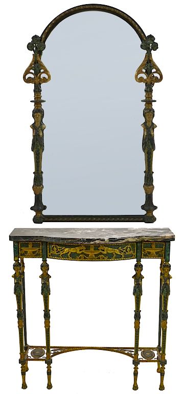 Appraisal: Oscar Bach Bronze Malachite Finish Table Mirror Oscar Bruno Bach