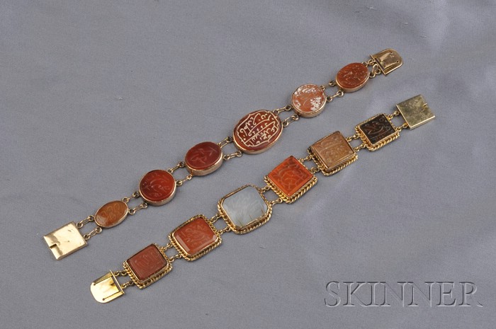 Appraisal: Two kt Gold Hardstone Intaglio Bracelets each composed of carved