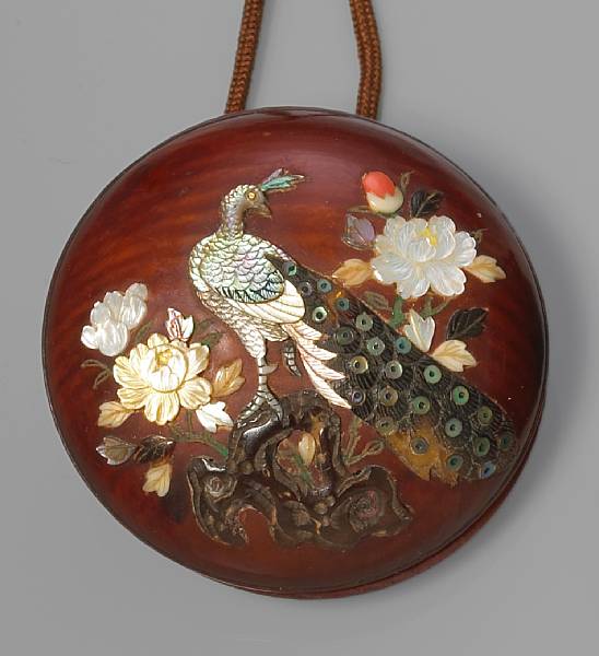 Appraisal: A Shibayama style inlaid wood manju By Isshi Meiji Period