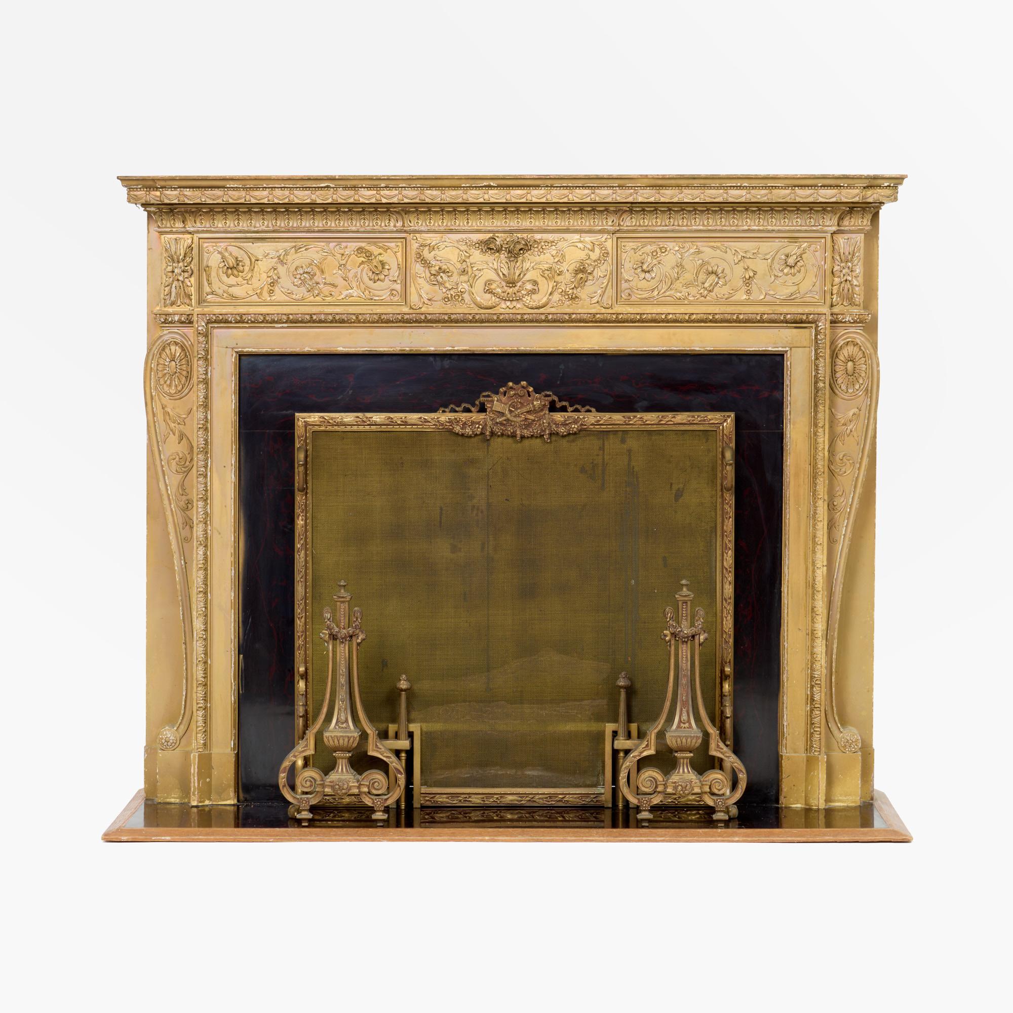 Appraisal: S BRONX FIREPLACE WITH SCREEN ANDIRONS IRON LOGS An Italianate