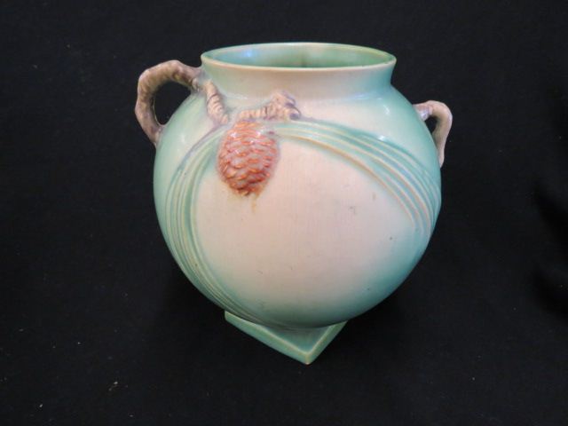 Appraisal: Roseville Pinecone Art Pottery Vase green handled low pedestal base