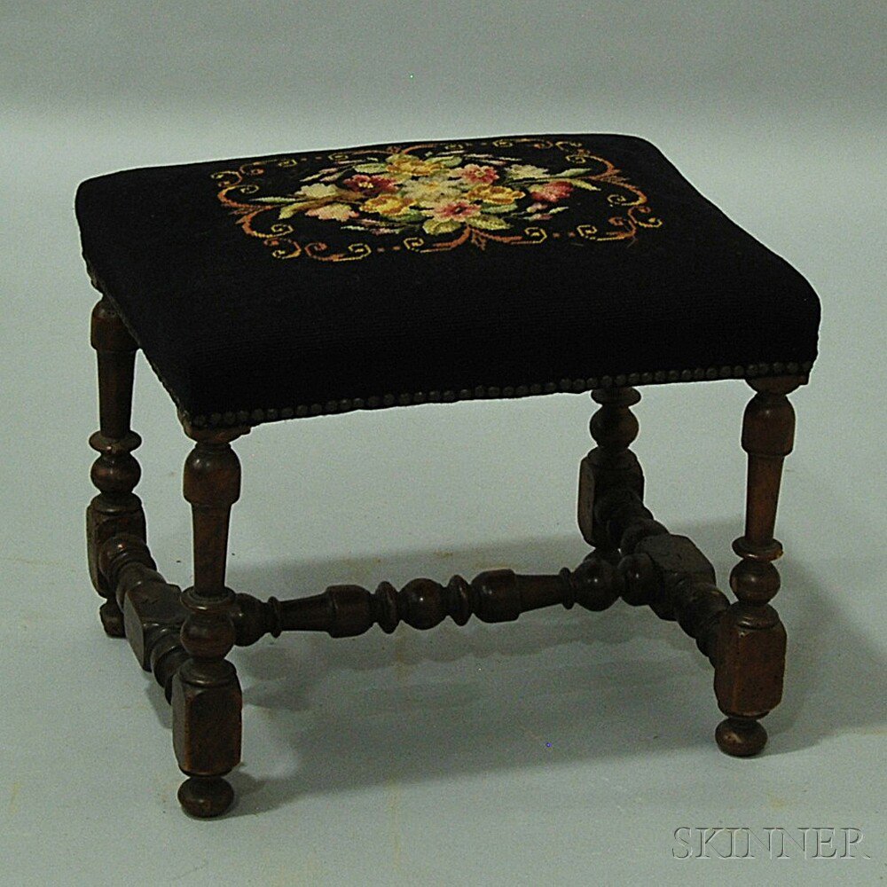 Appraisal: William and Mary Turned and Needlepoint-upholstered Footstool mid- th century