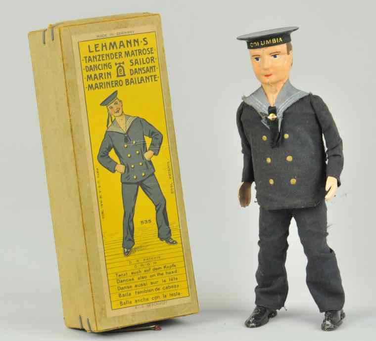 Appraisal: BOXED LEHMANN DANCING SAILOR Germany tin body wears full cloth