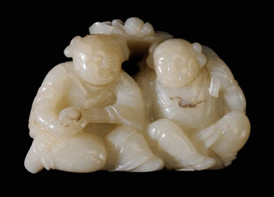 Appraisal: Carved Jade Hehe Erxian Chinese th century mottled yellowish-white with