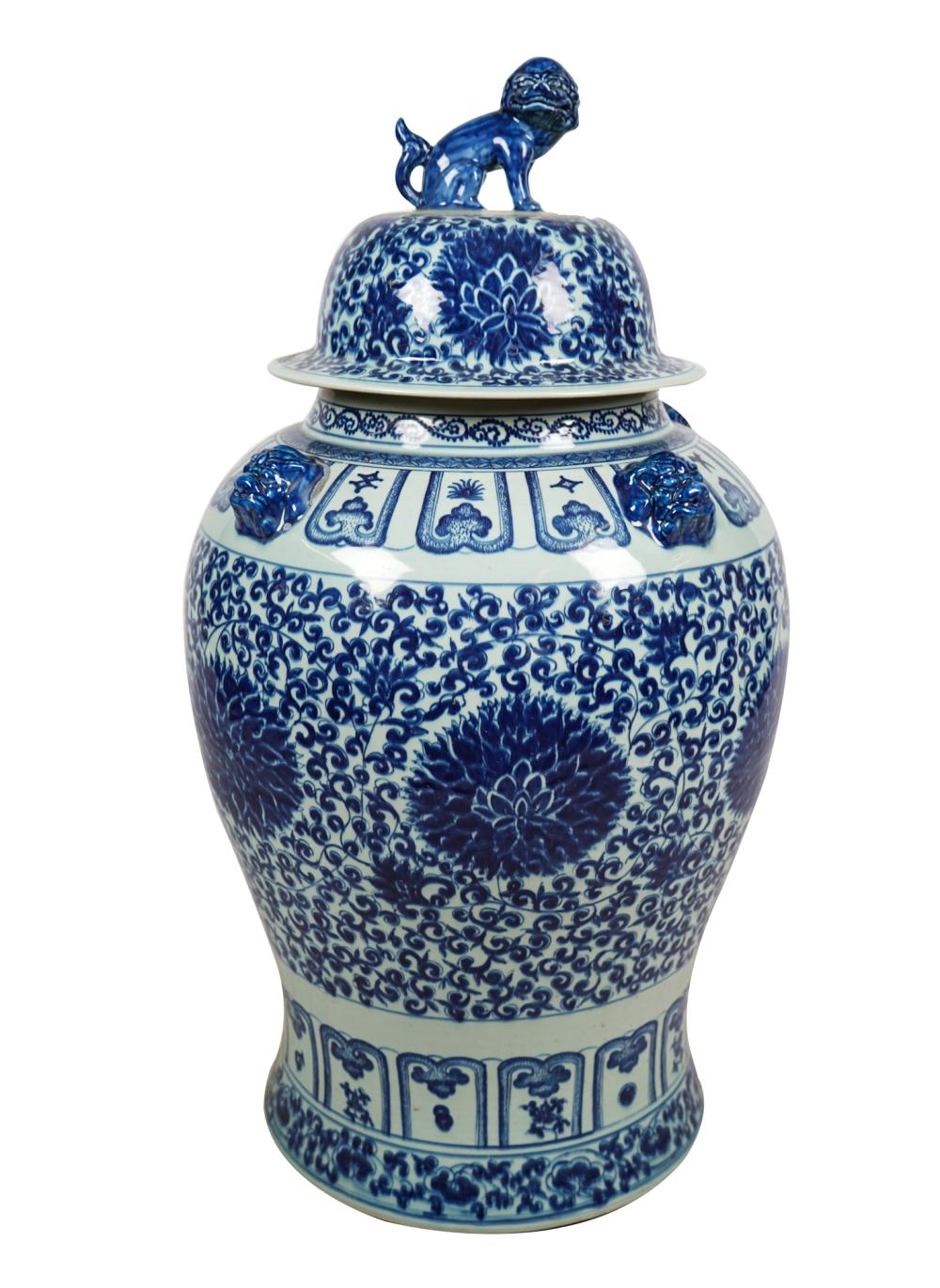 Appraisal: LARGE BLUE AND WHITE TEMPLE URNwith detachable lid inches wide