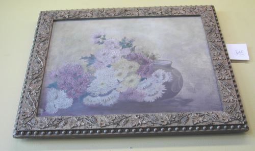 Appraisal: American Late th Century Still Life with Chrysanthemums and Pottery