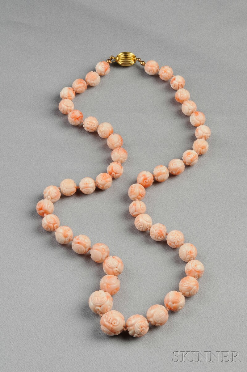 Appraisal: Carved Chinese Coral Bead Necklace composed of forty-eight beads graduating