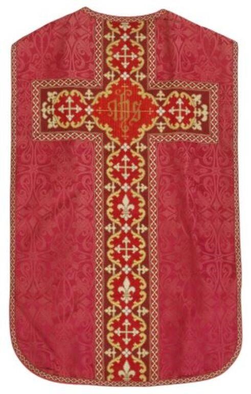 Appraisal: French liturgical vestment chasuble having silk damask ground brocade trim