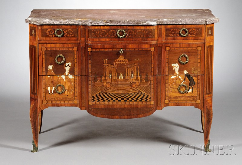 Appraisal: Louis XV XVI Style Fruitwood and Ivory Marquetry-inlaid Marble-top Commode