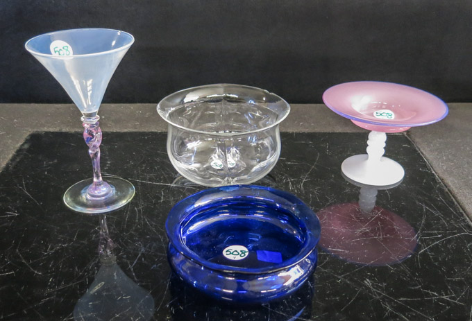 Appraisal: FOUR STUDIO ART GLASS VESSELS including a cobalt blue bowl