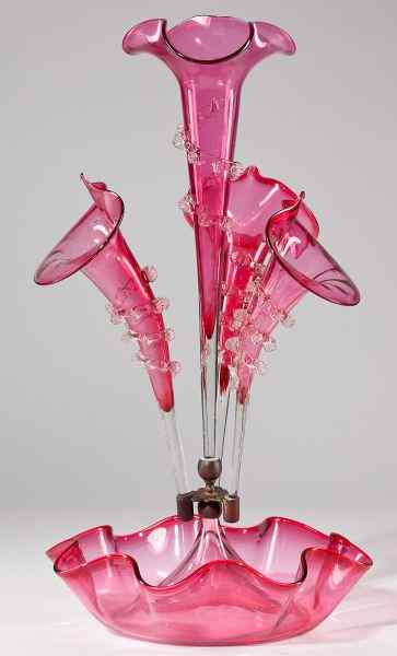 Appraisal: Victorian Cranberry Glass Epergnefour vase blown cranberry glass epergne crimped