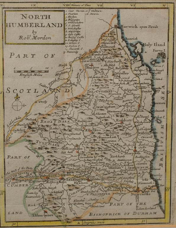 Appraisal: ROBERT MORDEN NORTHUMBERLAND th CENTURY HAND-COLOURED ENGRAVED MAP cm by