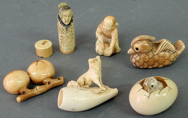 Appraisal: Three netsukes two carved figures and a Meerschaum pipe end