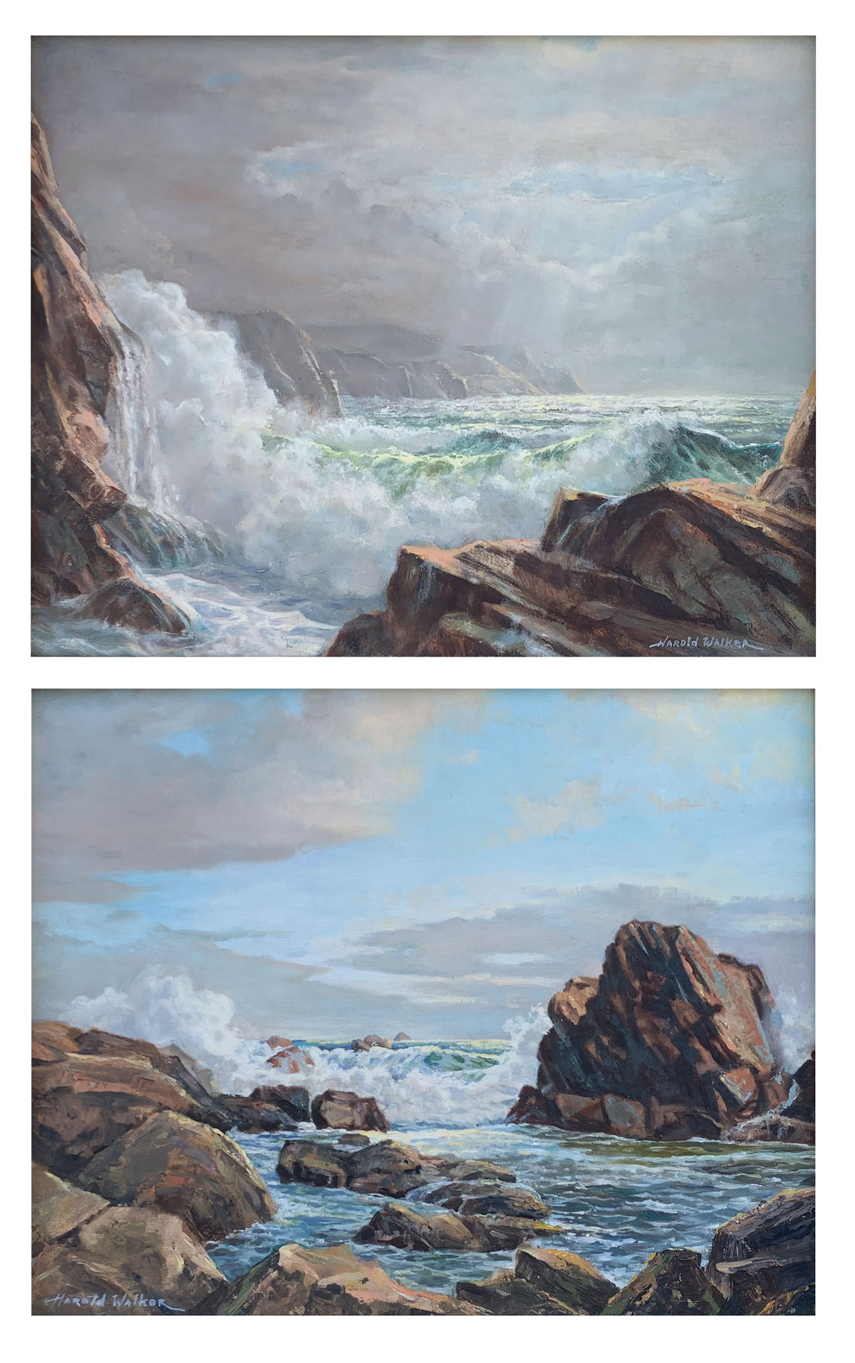 Appraisal: WALKER Harold American b Two Seascapes ''Crashing Surf'' Oil Canvasboard