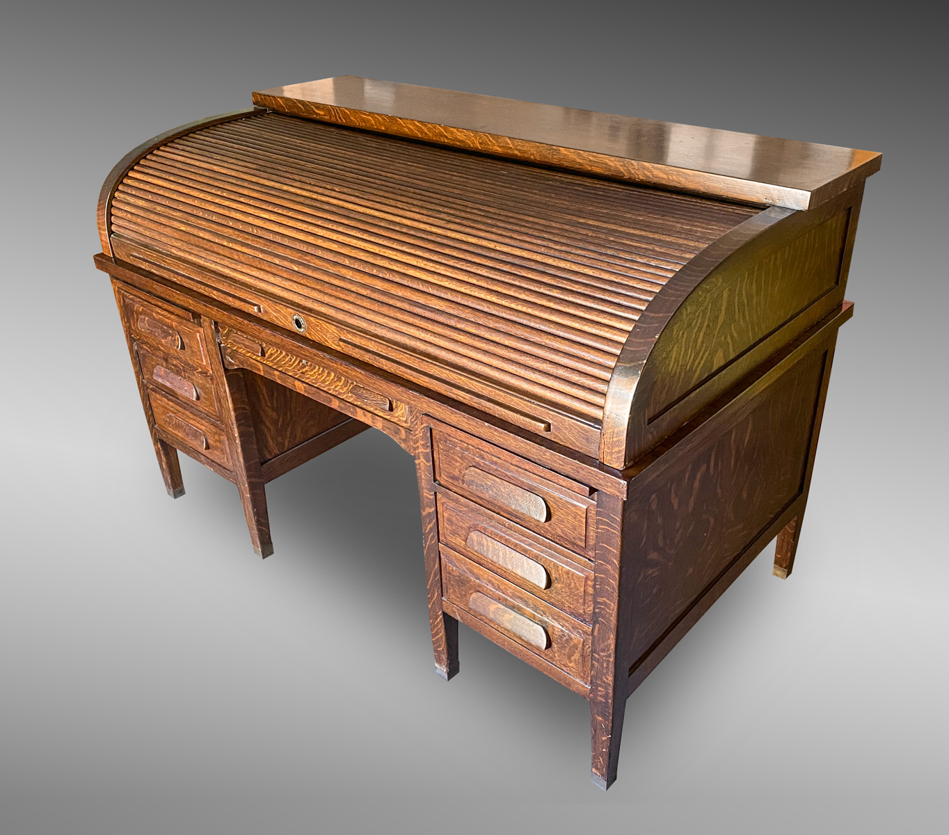 Appraisal: TIGER OAK ROLL TOP DESK Tiger Oak roll top desk