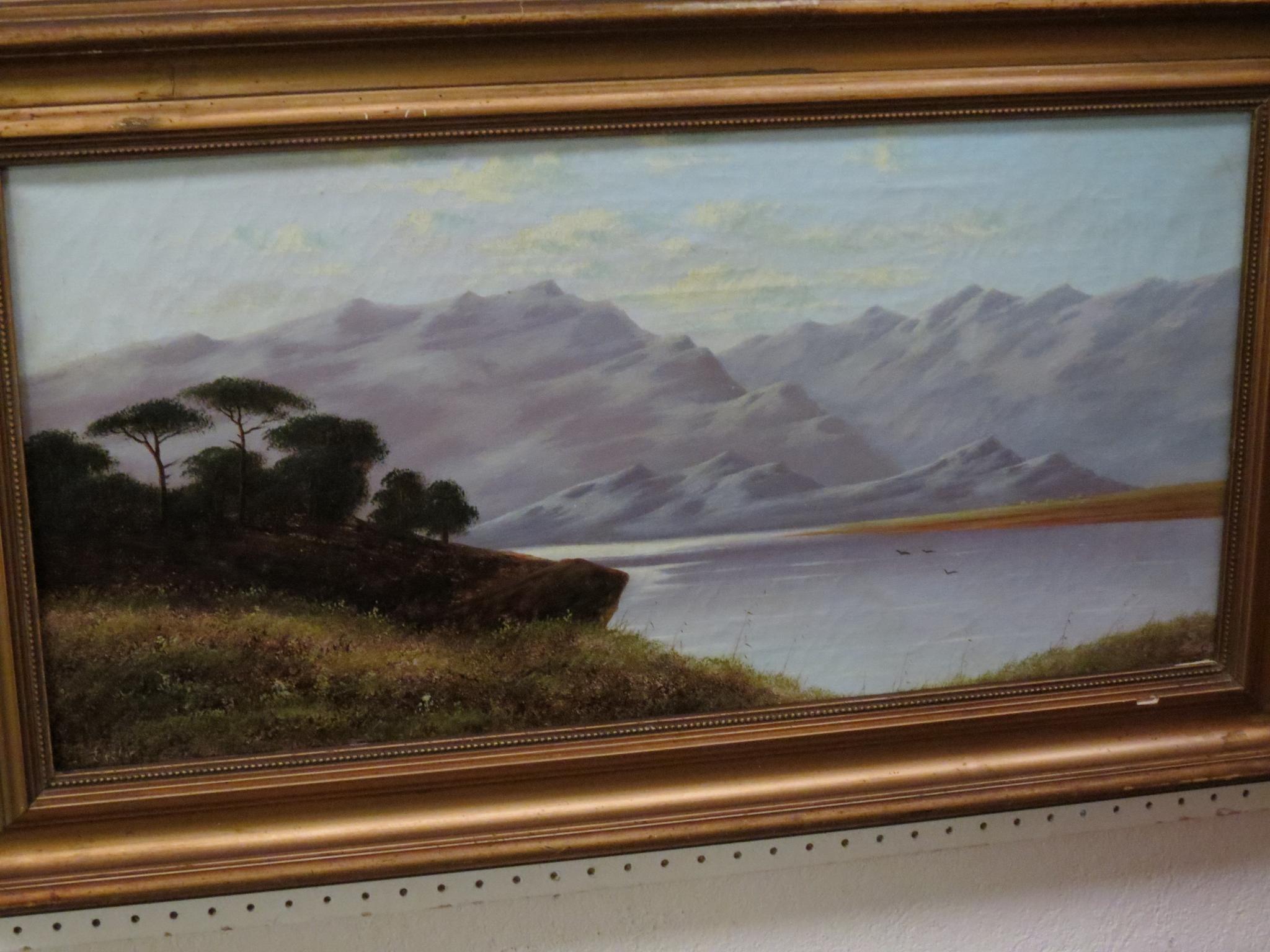 Appraisal: Charles Leslie - oil on canvas lake with middle-distant mountains