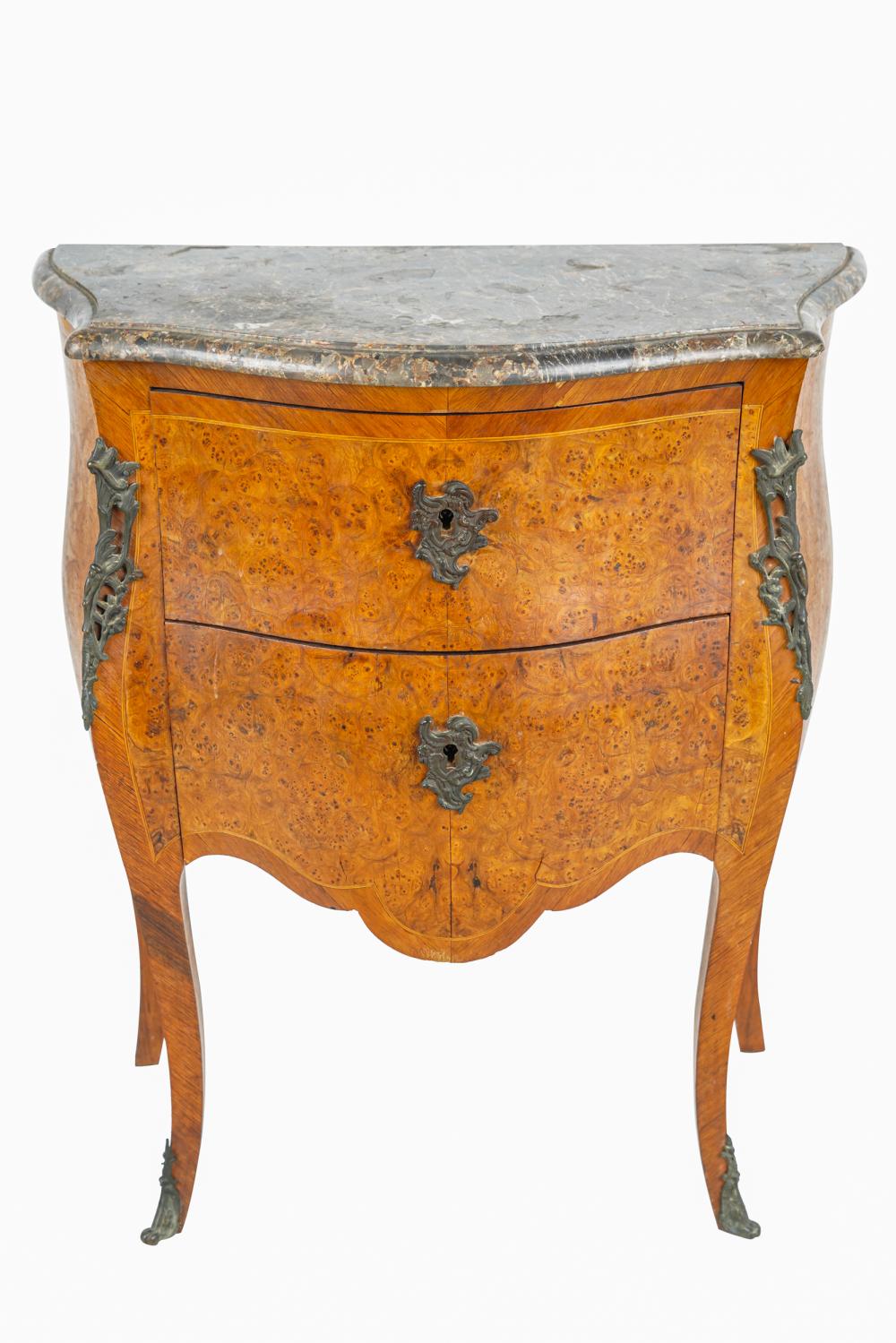 Appraisal: MARBLE TOP PETITE COMMODEline-inlaid burl veneer with two drawers Condition