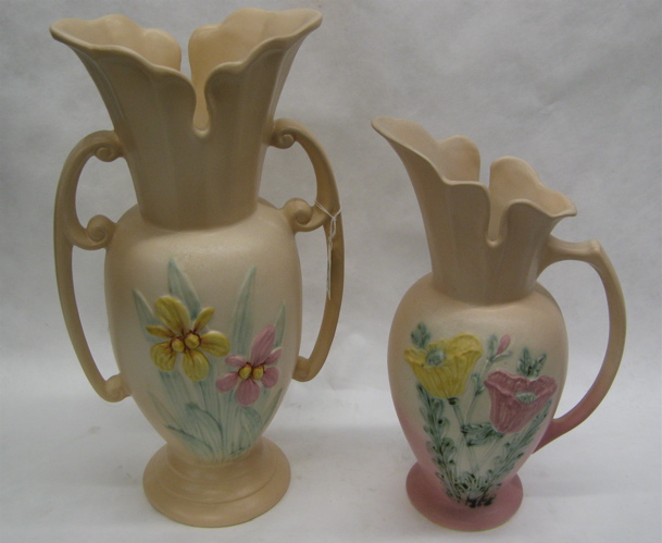 Appraisal: FOUR AMERICAN HULL ART POTTERY PIECES pastel colors all having